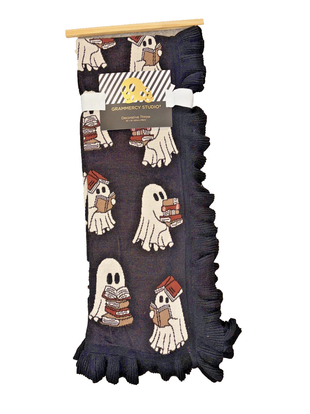 Halloween Ghost Reading Books Throw Blanket Viral Black Ruffled Edge NEW